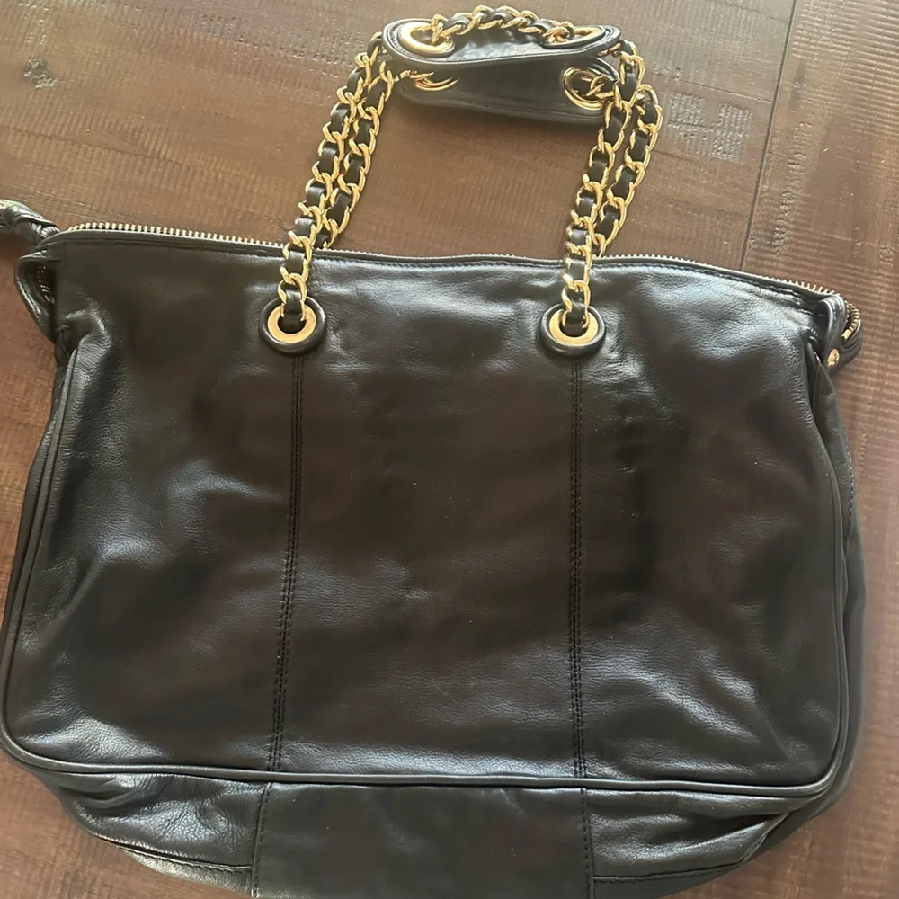 Juicy Couture Black & Grey Leather Tote Bag / Purse with Gold Chain Hardware - Picture 2 of 7